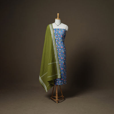 Sanganeri Block Print Cotton Unstitched Dress Material: Kurta, Bottom & Dupatta with Jewellery 09