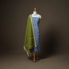 Sanganeri Block Print Cotton Unstitched Dress Material: Kurta, Bottom & Dupatta with Jewellery 09