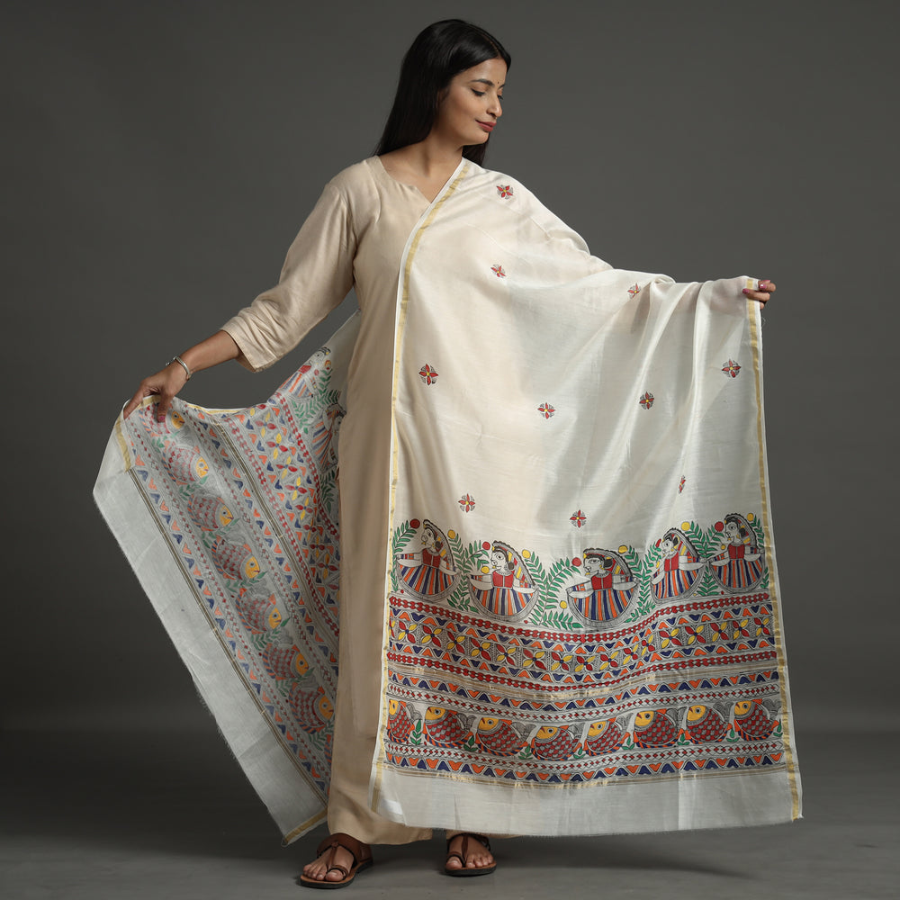 White - Madhubani Handpainted Chanderi Silk Handloom Dupatta 19