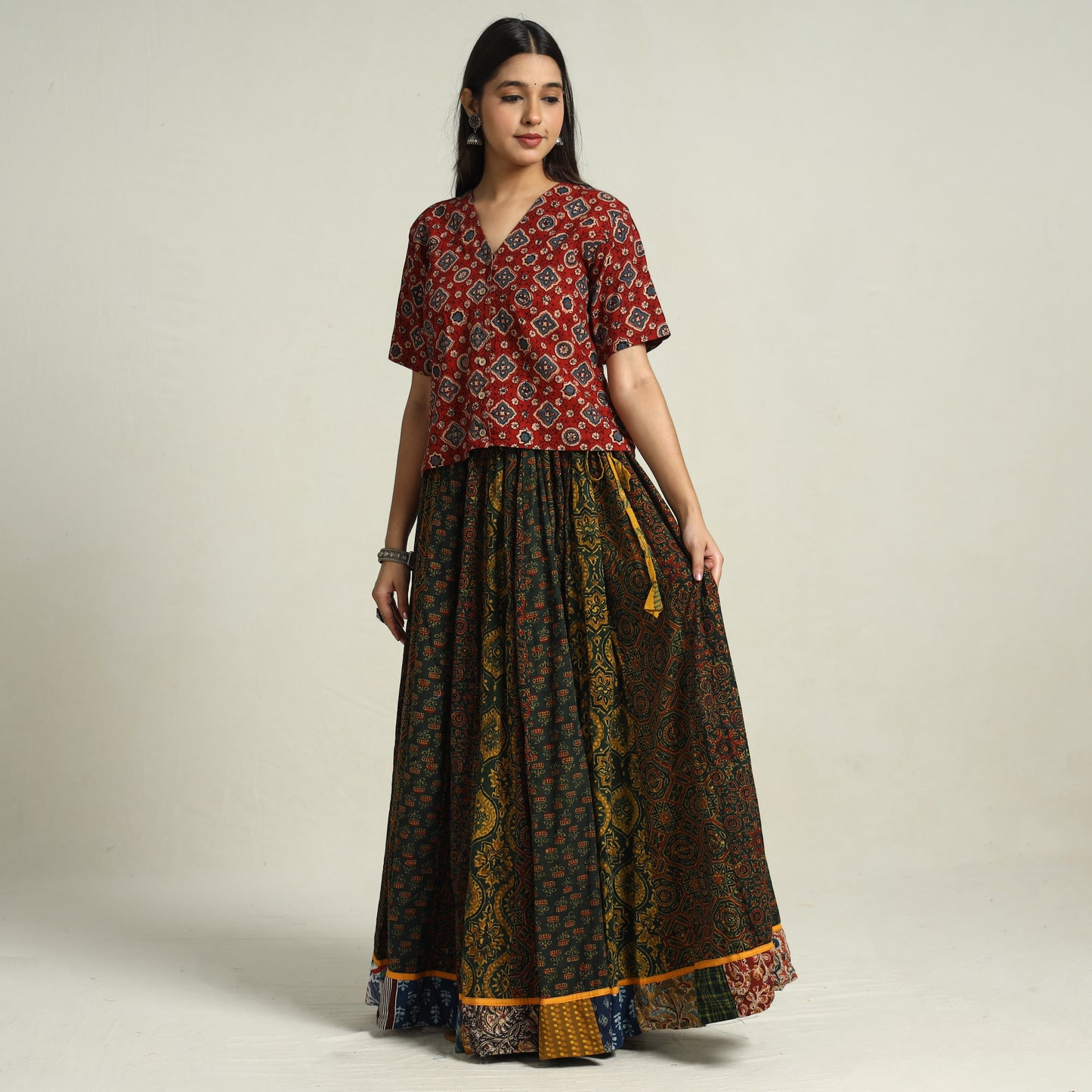 Green - Ajrakh Block Printed 24 Kali Patchwork Cotton Long Skirt 37