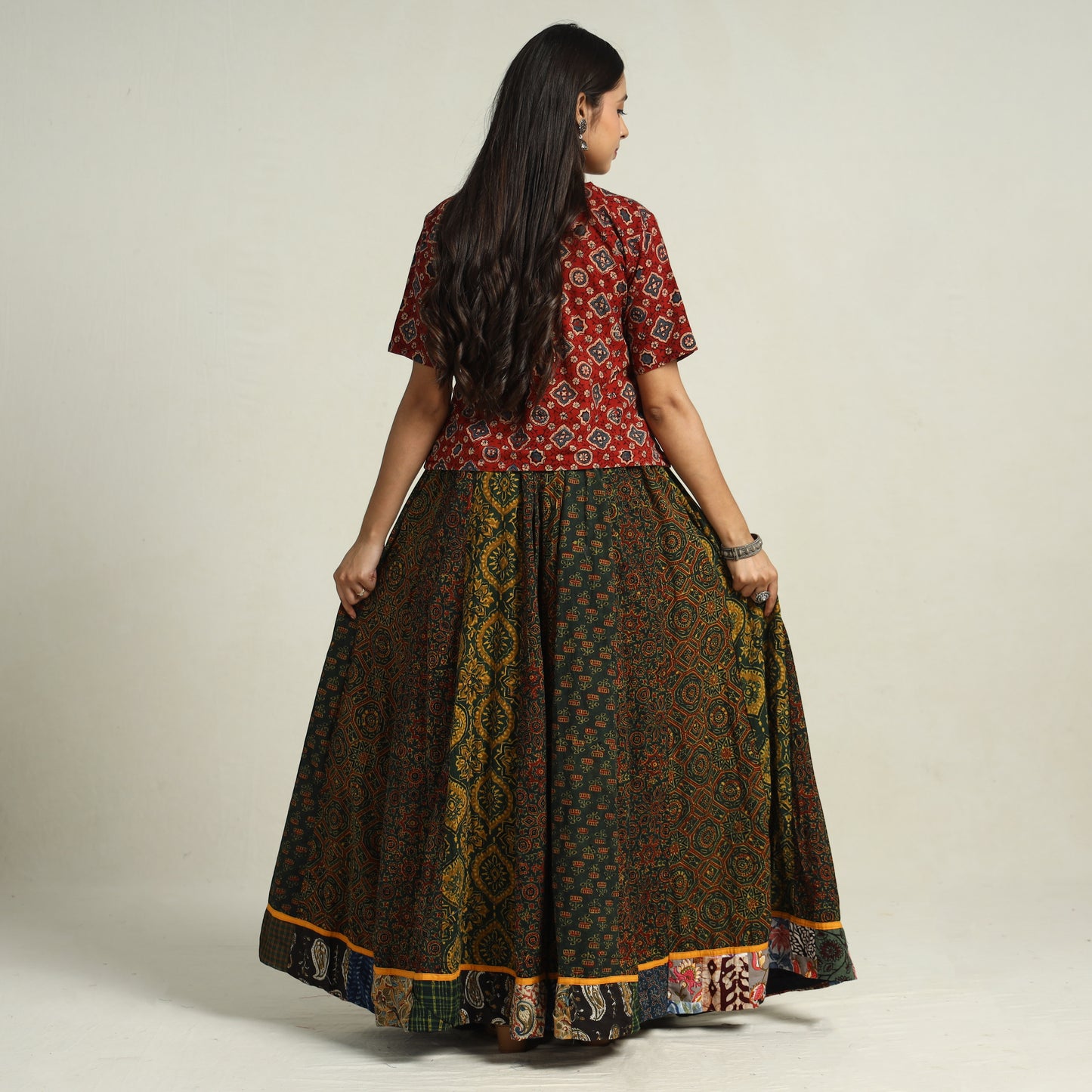 Green - Ajrakh Block Printed 24 Kali Patchwork Cotton Long Skirt 37