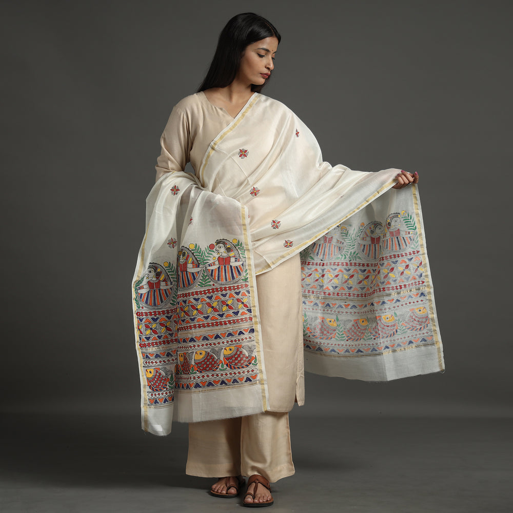 White - Madhubani Handpainted Chanderi Silk Handloom Dupatta 19