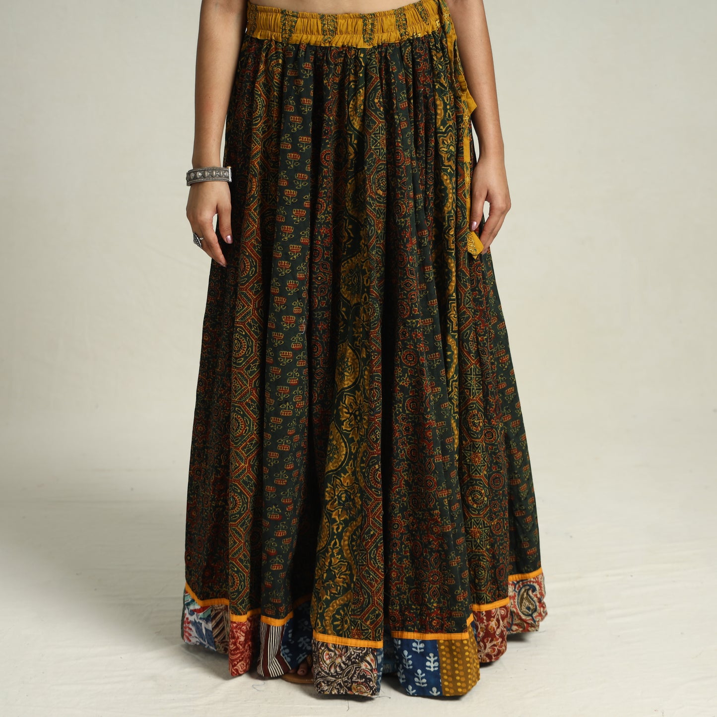 Green - Ajrakh Block Printed 24 Kali Patchwork Cotton Long Skirt 37