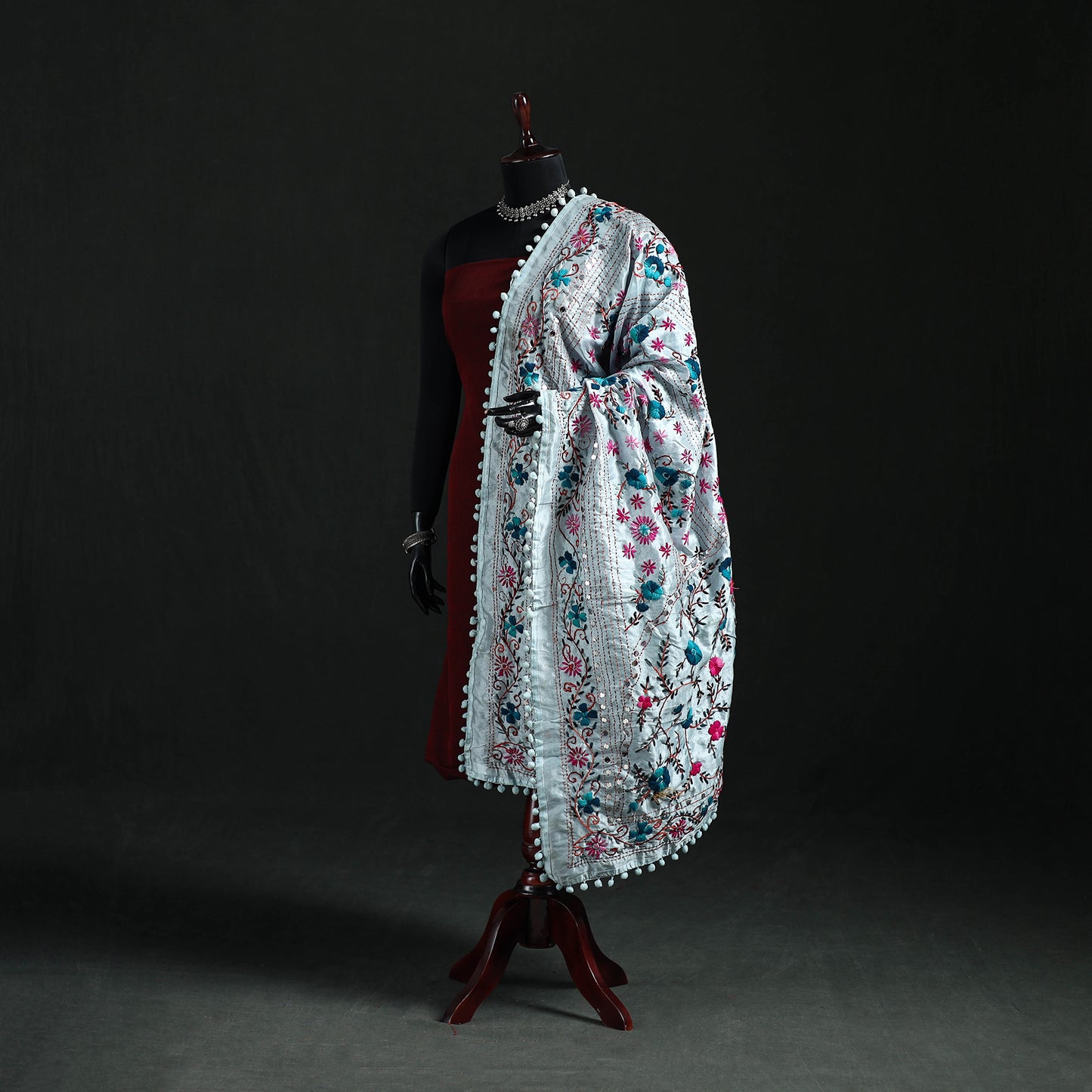 Phulkari Hand Embroidered Chanderi Silk Dupatta 03