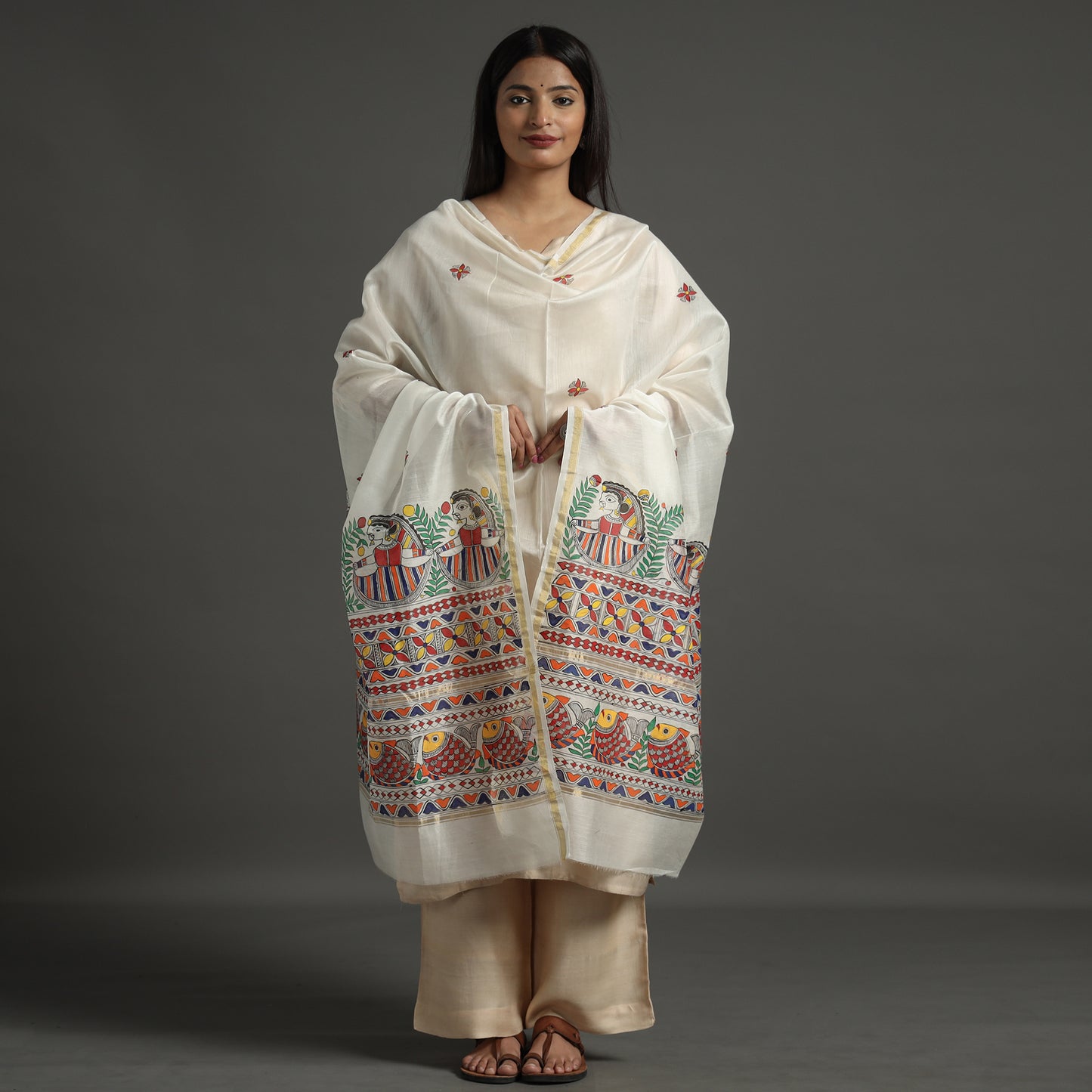 White - Madhubani Handpainted Chanderi Silk Handloom Dupatta 19