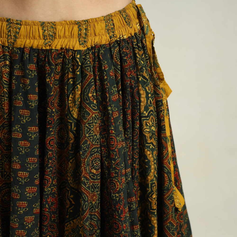 Green - Ajrakh Block Printed 24 Kali Patchwork Cotton Long Skirt 37