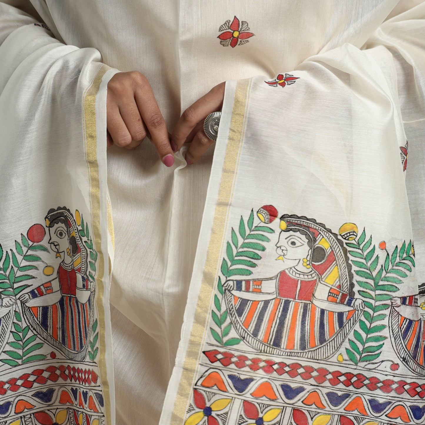 White - Madhubani Handpainted Chanderi Silk Handloom Dupatta 19