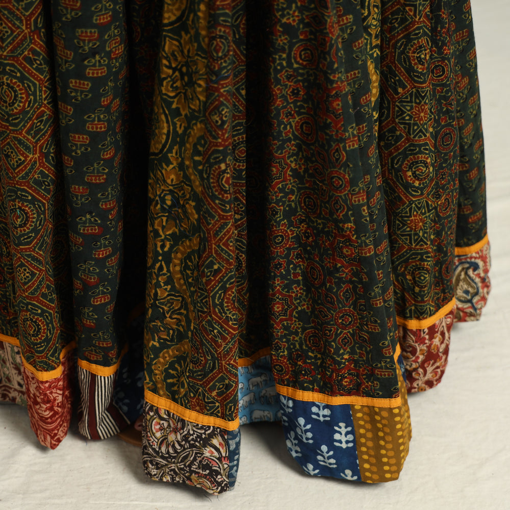 Green - Ajrakh Block Printed 24 Kali Patchwork Cotton Long Skirt 37