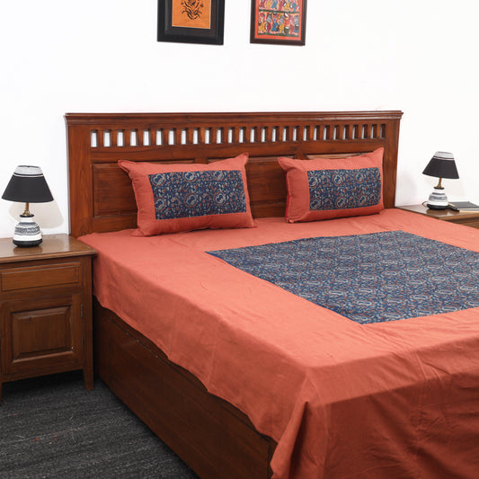 Orange - Plain Cotton Double Bed Cover with Block Print Patchwork (94 x 89 In)