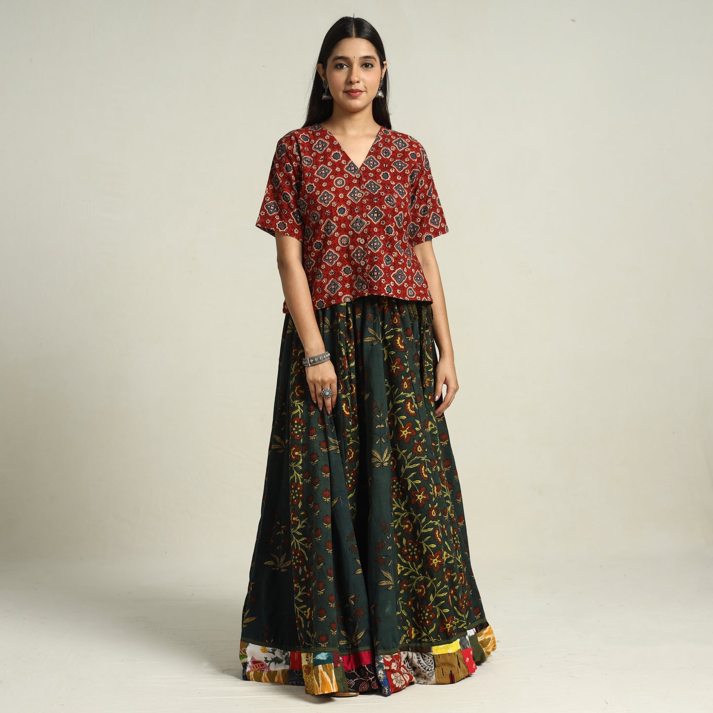 Green - Ajrakh Block Printed 24 Kali Patchwork Cotton Long Skirt 38