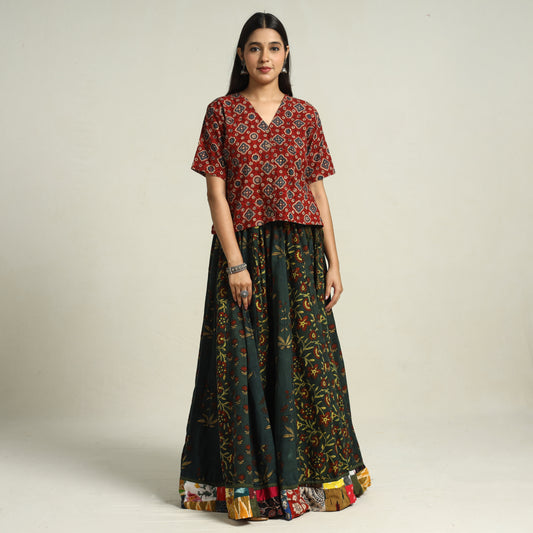 Green - Ajrakh Block Printed 24 Kali Patchwork Cotton Long Skirt 38