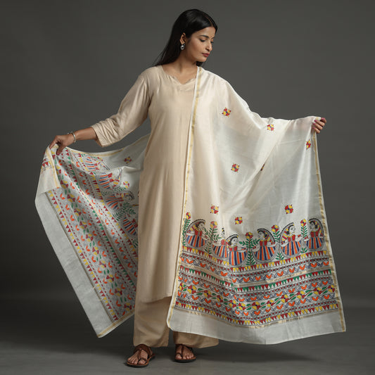 Beige - Madhubani Handpainted Chanderi Silk Handloom Dupatta 20