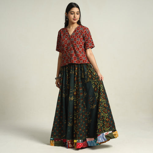 Green - Ajrakh Block Printed 24 Kali Patchwork Cotton Long Skirt 38