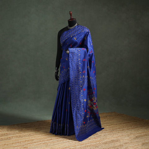 Blue - Bengal Nakshi Kantha Hand Embroidered Silk Saree 13