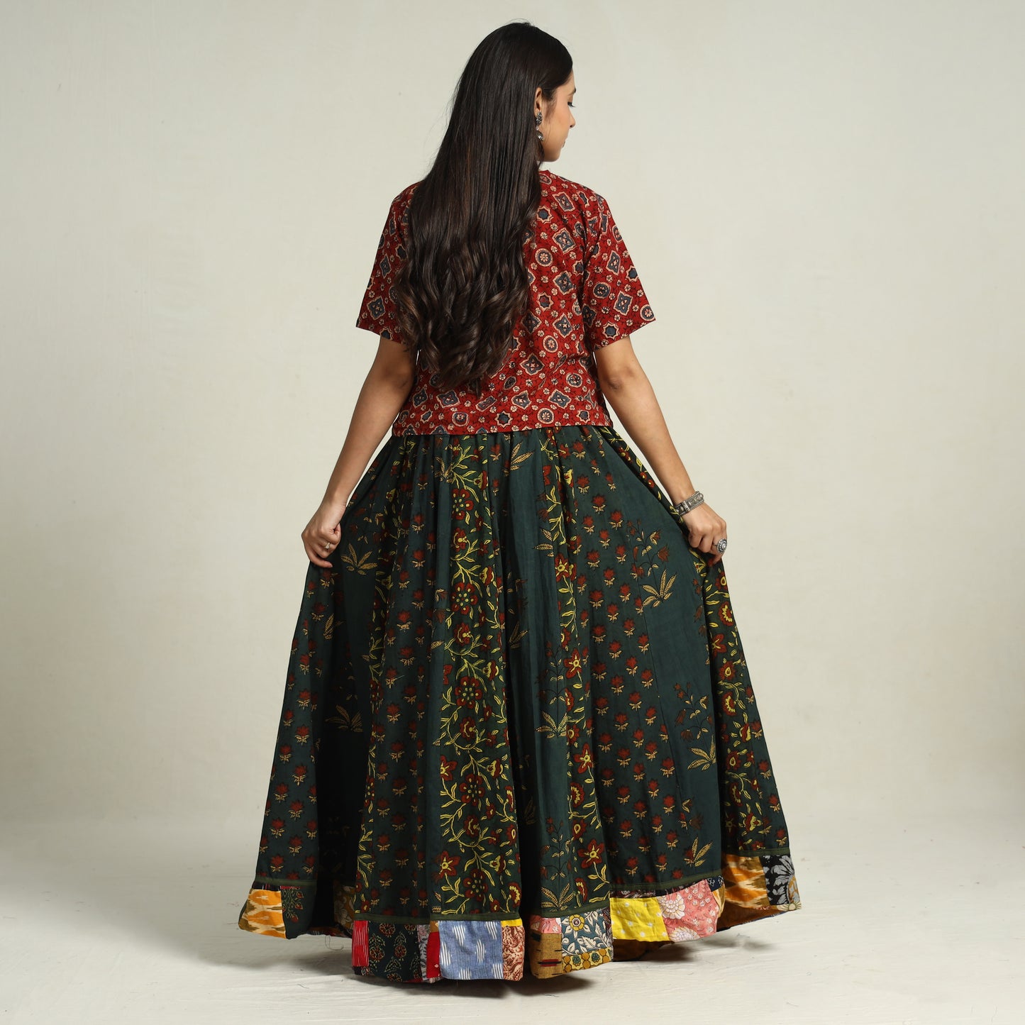 Green - Ajrakh Block Printed 24 Kali Patchwork Cotton Long Skirt 38