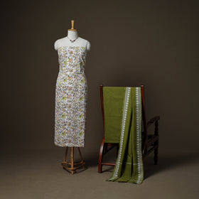 Sanganeri Block Print Cotton Unstitched Dress Material: Kurta, Bottom & Dupatta with Jewellery 10