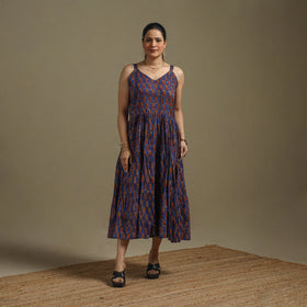 Hand Block Print Natural Dyed Cotton Tiered Bagru Dress 08