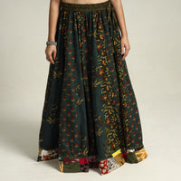 Green - Ajrakh Block Printed 24 Kali Patchwork Cotton Long Skirt 38