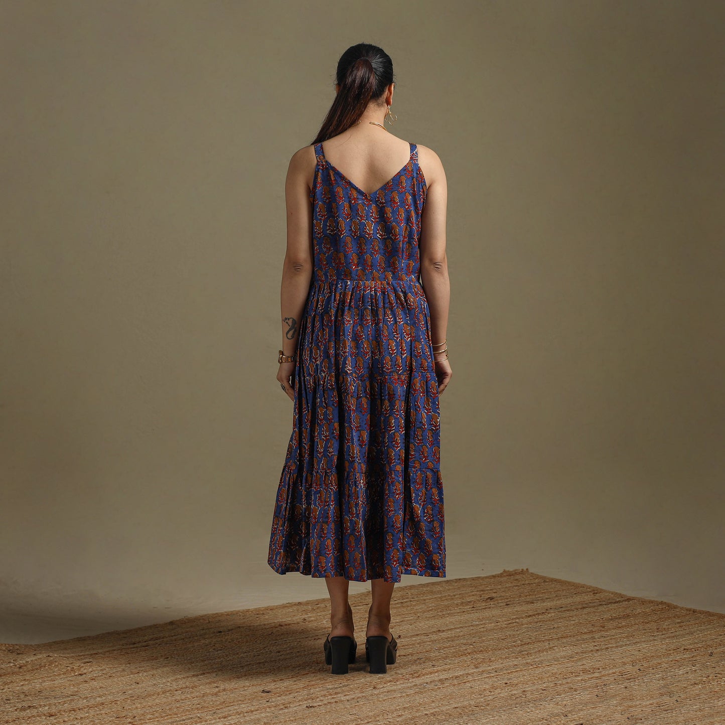 Hand Block Print Natural Dyed Cotton Tiered Bagru Dress 08