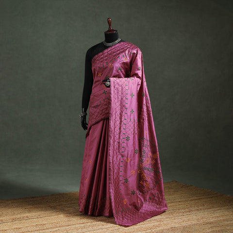 Purple - Bengal Nakshi Kantha Hand Embroidered Silk Saree 14