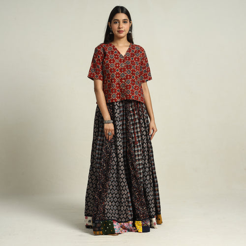 Black - Ajrakh Block Printed 24 Kali Patchwork Cotton Long Skirt 39