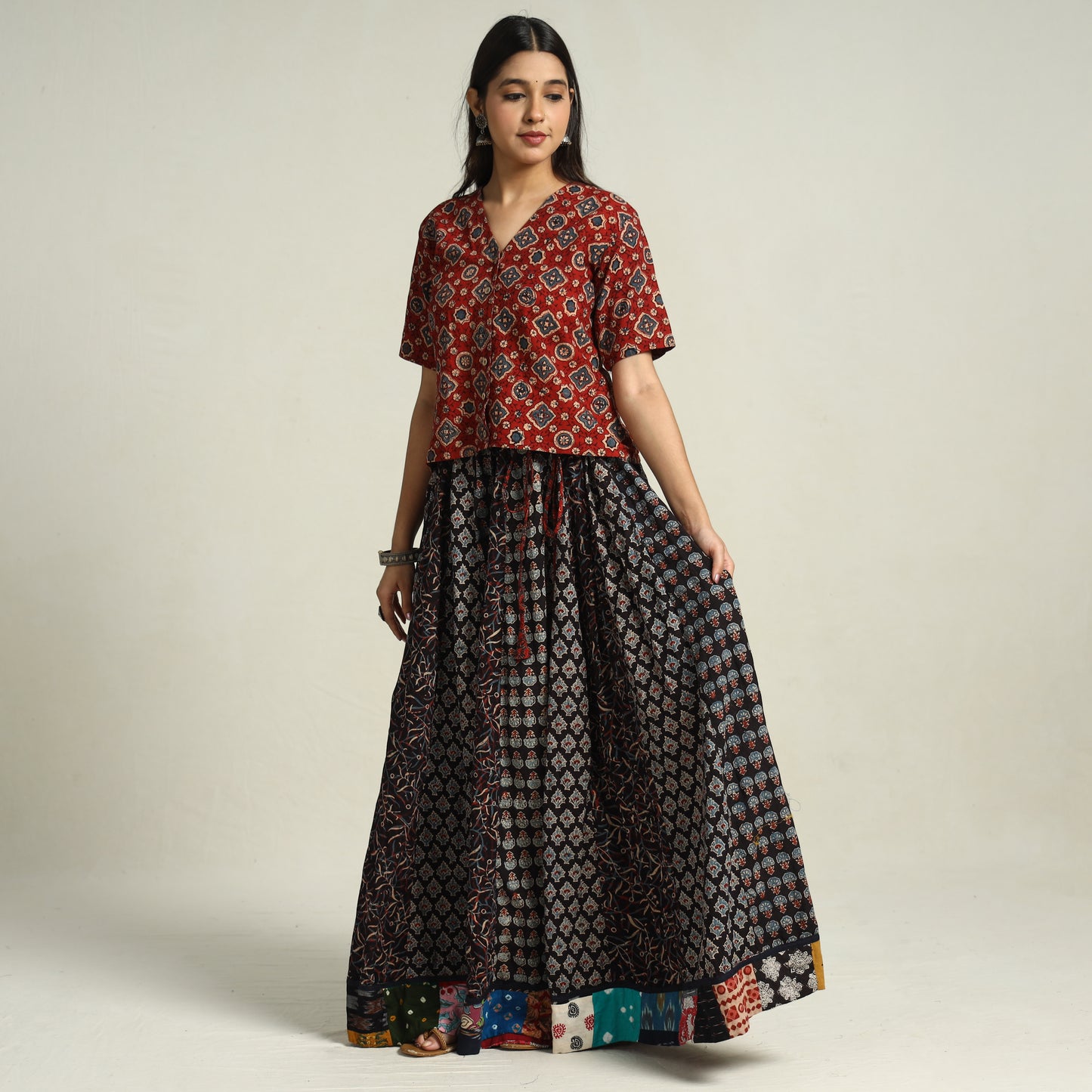 Black - Ajrakh Block Printed 24 Kali Patchwork Cotton Long Skirt 39