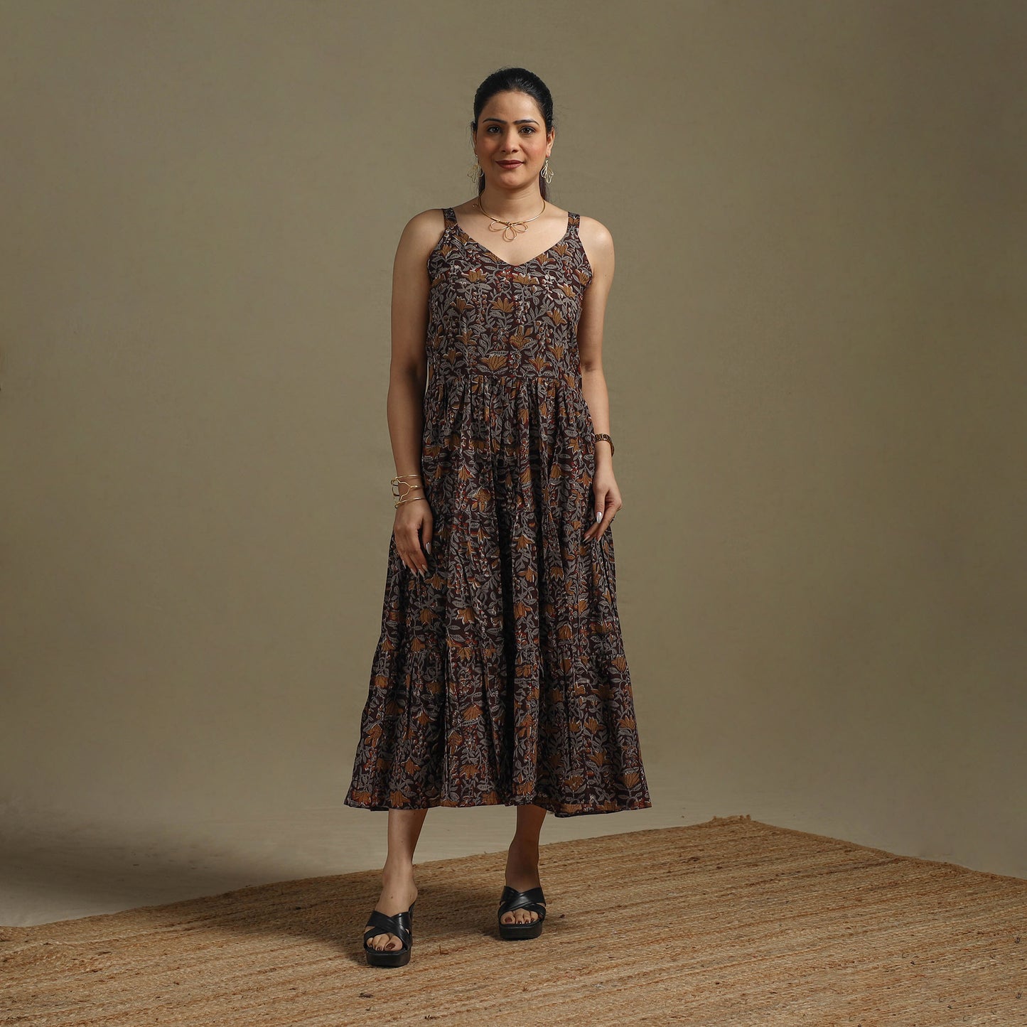 Hand Block Print Natural Dyed Cotton Tiered Bagru Dress 06