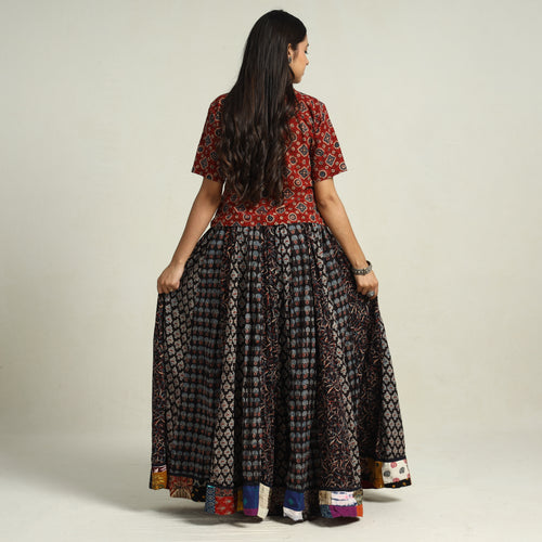 Black - Ajrakh Block Printed 24 Kali Patchwork Cotton Long Skirt 39