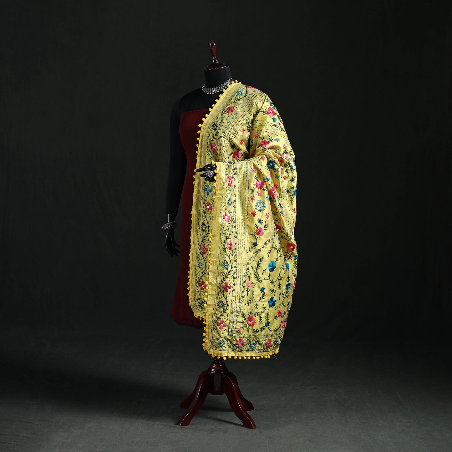 Phulkari Hand Embroidered Chanderi Silk Dupatta 06