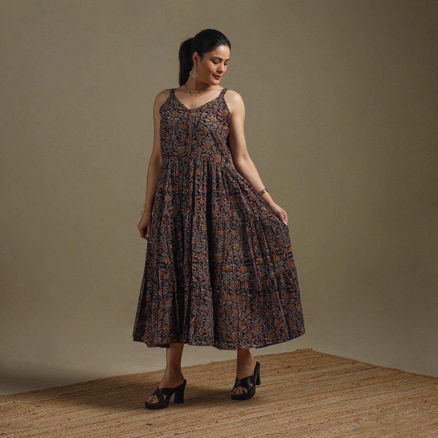 Hand Block Print Natural Dyed Cotton Tiered Bagru Dress 06