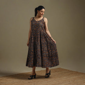 Hand Block Print Natural Dyed Cotton Tiered Bagru Dress 06