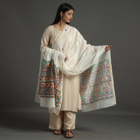 White - Handloom Chanderi Silk Handpainted Madhubani Dupatta 22