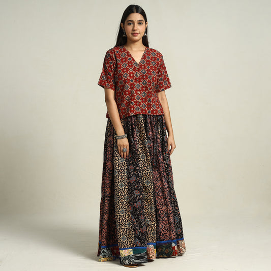 Multicolor - Ajrakh Block Printed 24 Kali Patchwork Cotton Long Skirt 40