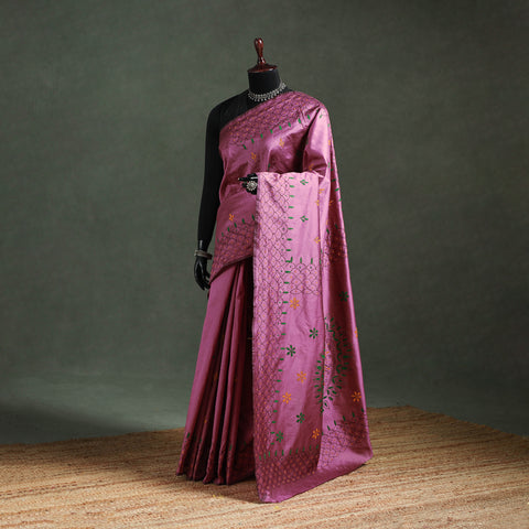 Purple - Bengal Nakshi Kantha Hand Embroidered Silk Saree 15
