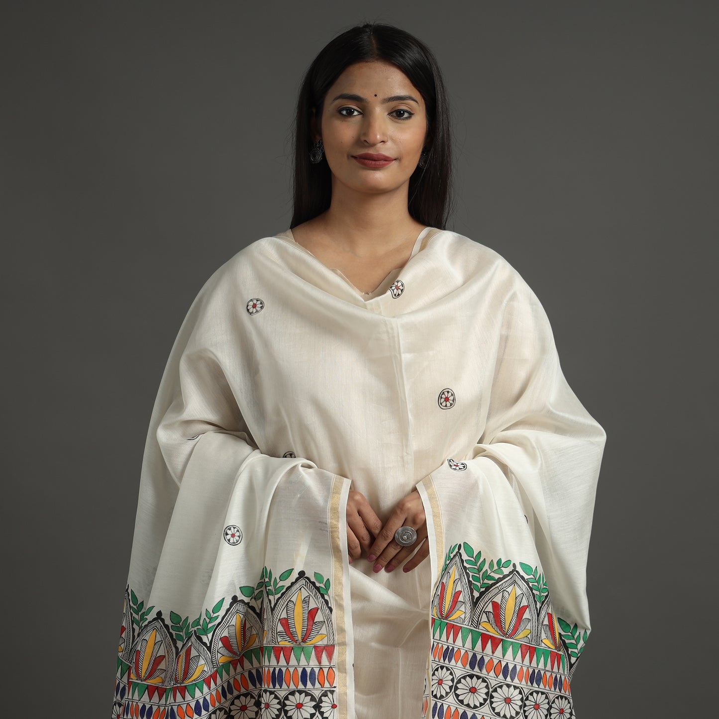 White - Madhubani Handpainted Chanderi Silk Handloom Dupatta 22