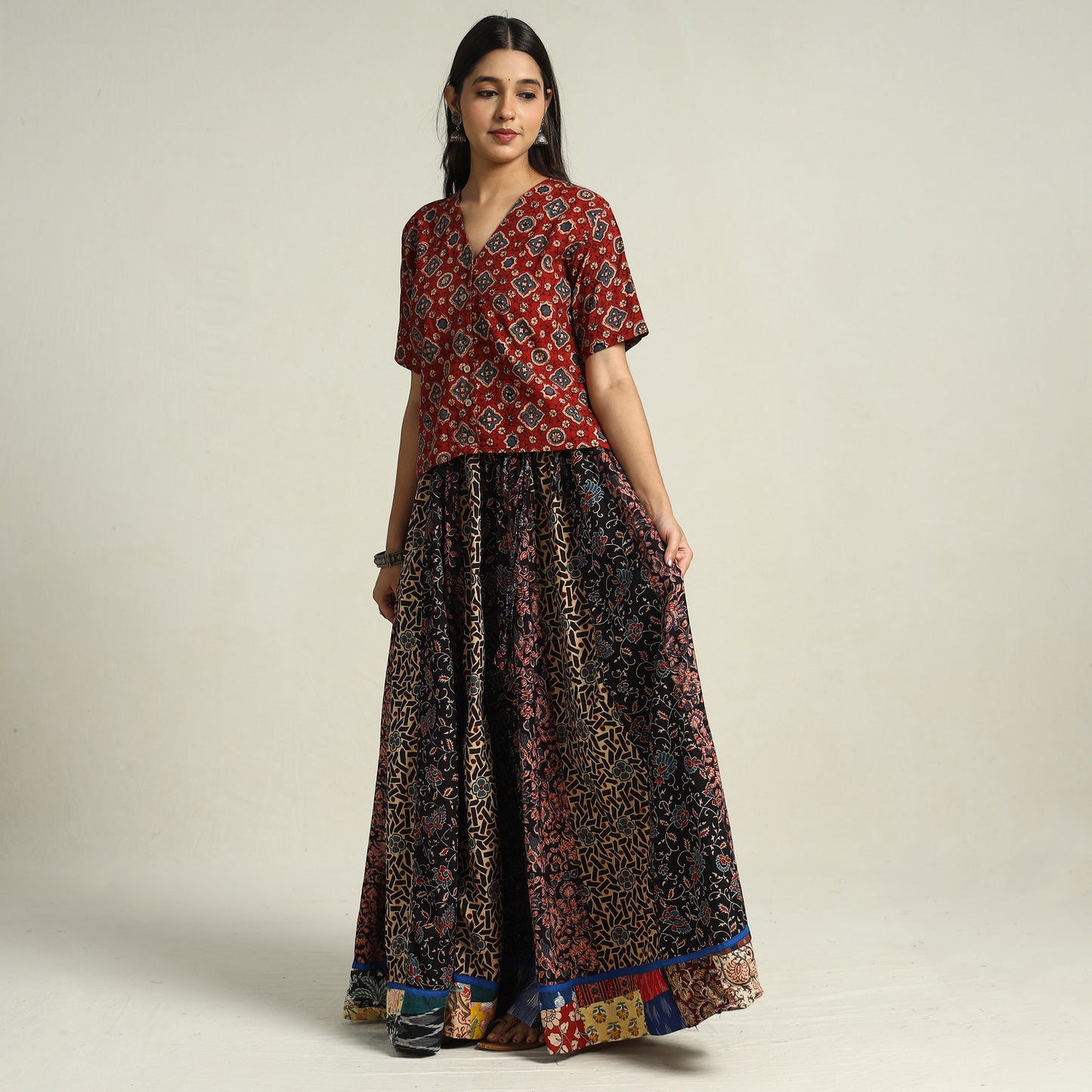 Multicolor - Ajrakh Block Printed 24 Kali Patchwork Cotton Long Skirt 40