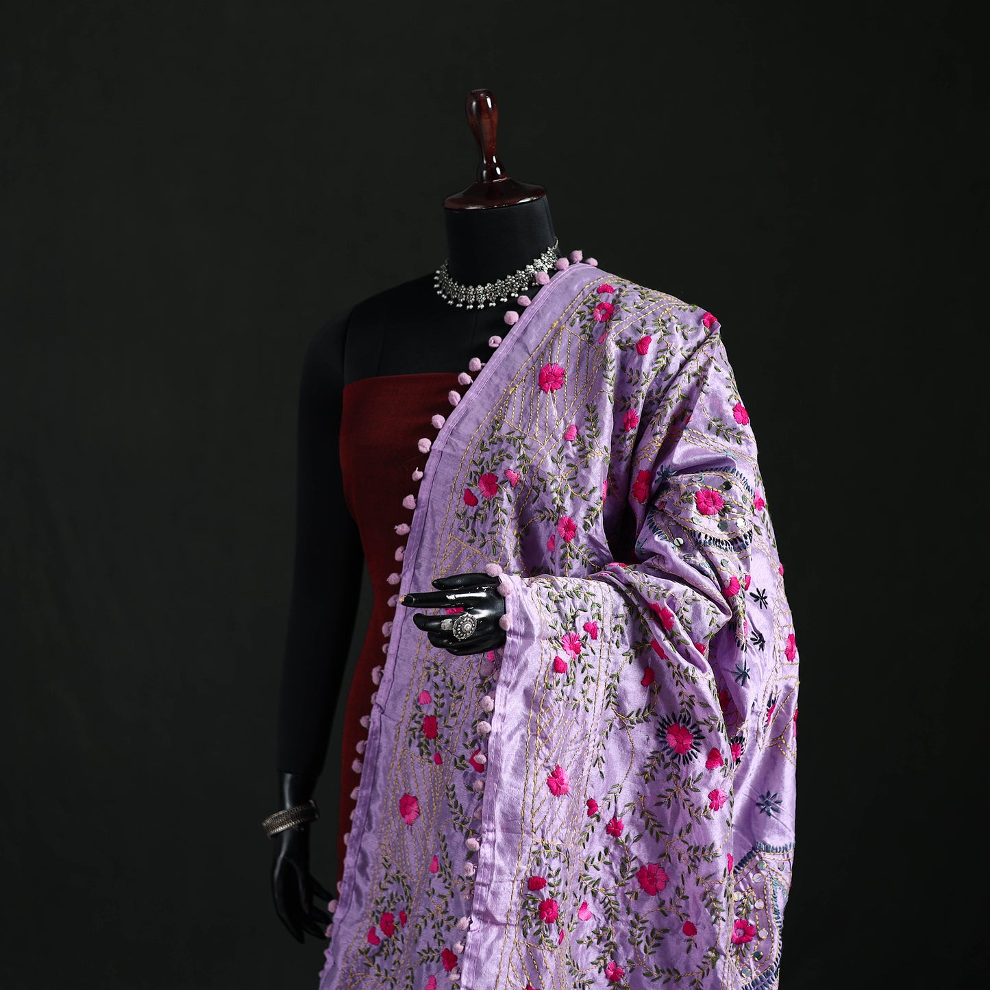 Phulkari Hand Embroidered Chanderi Silk Dupatta 07