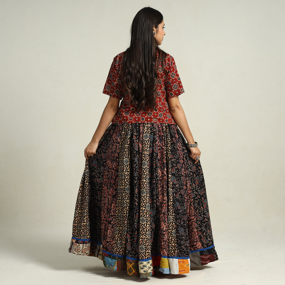 Multicolor - Ajrakh Block Printed 24 Kali Patchwork Cotton Long Skirt 40