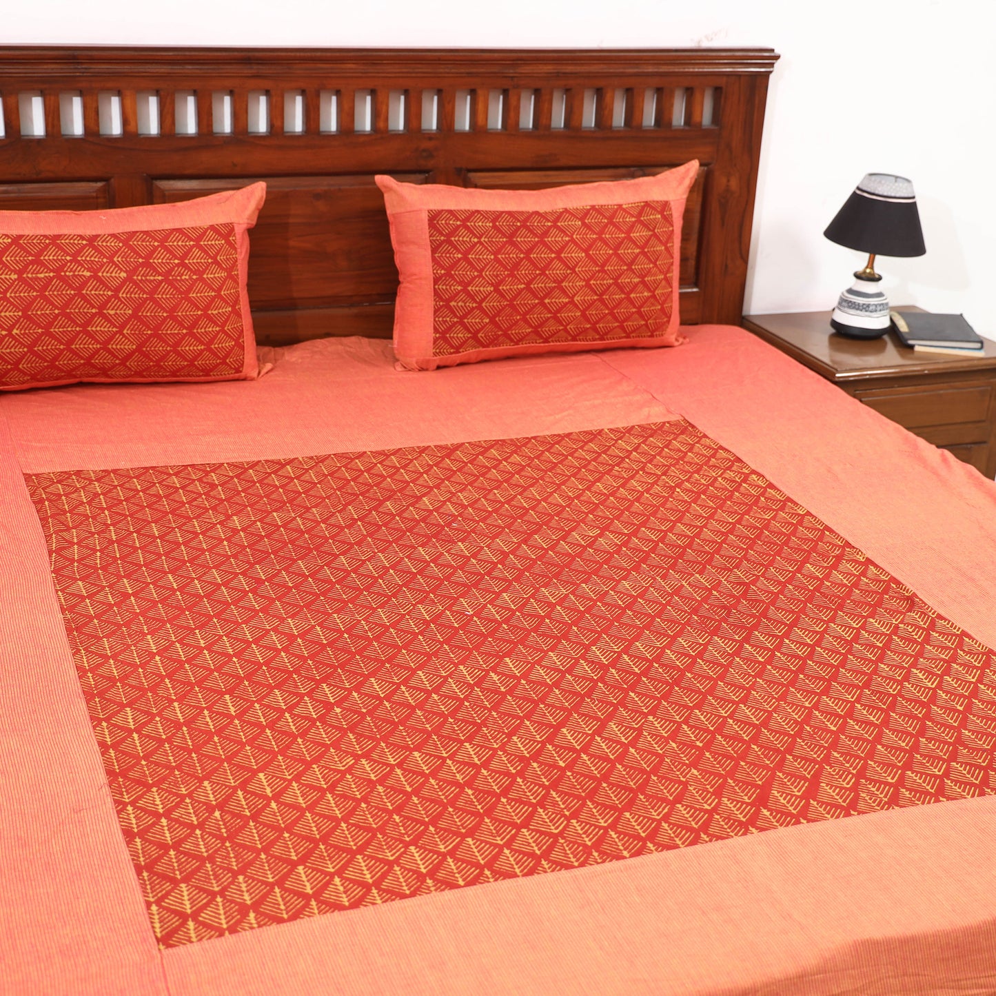 Orange - Plain Cotton Double Bed Cover with Block Print Patchwork (94 x 89 In)