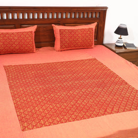Plain Cotton Double Bed Cover with Block Print Patchwork