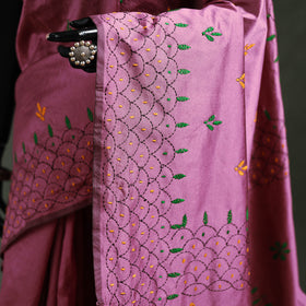 Purple - Bengal Nakshi Kantha Hand Embroidered Silk Saree 15
