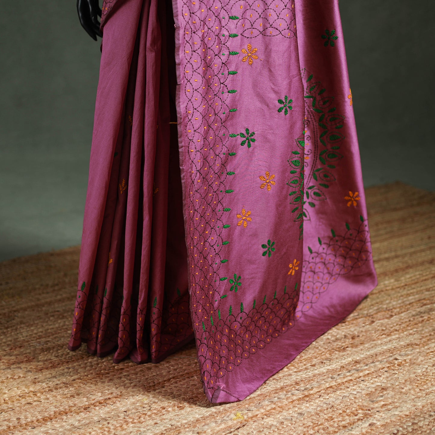 Purple - Bengal Nakshi Kantha Hand Embroidered Silk Saree 15