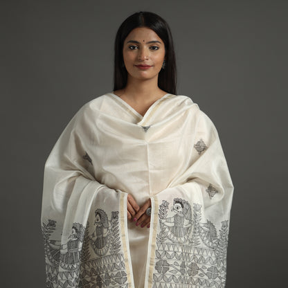 White - Madhubani Handpainted Chanderi Silk Handloom Dupatta 23