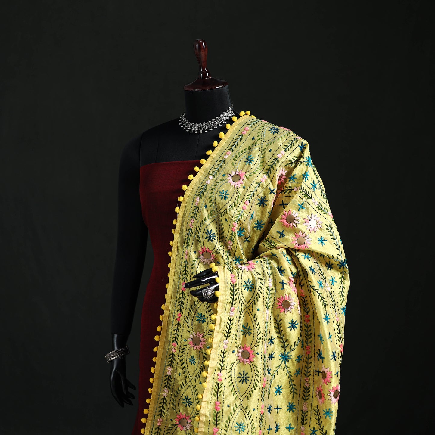 Phulkari Hand Embroidered Chanderi Silk Dupatta 08