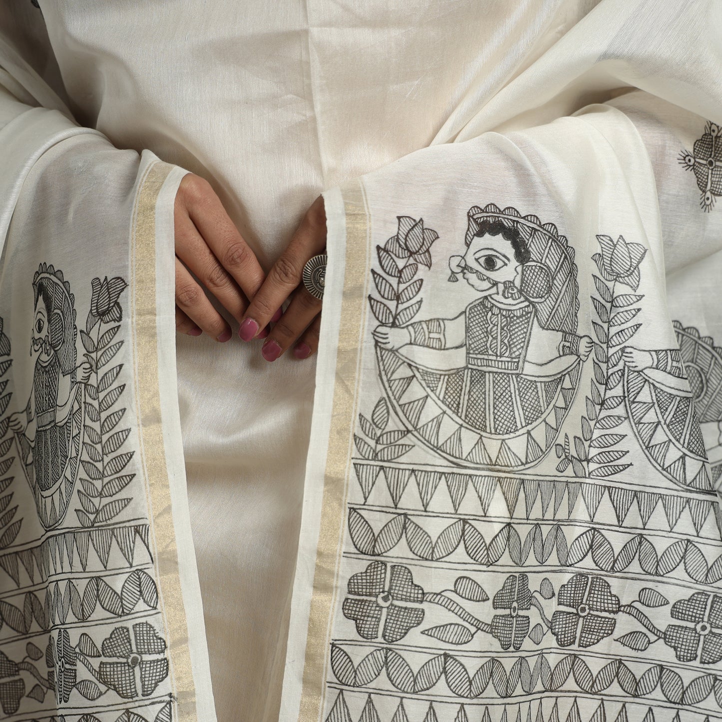 White - Madhubani Handpainted Chanderi Silk Handloom Dupatta 23