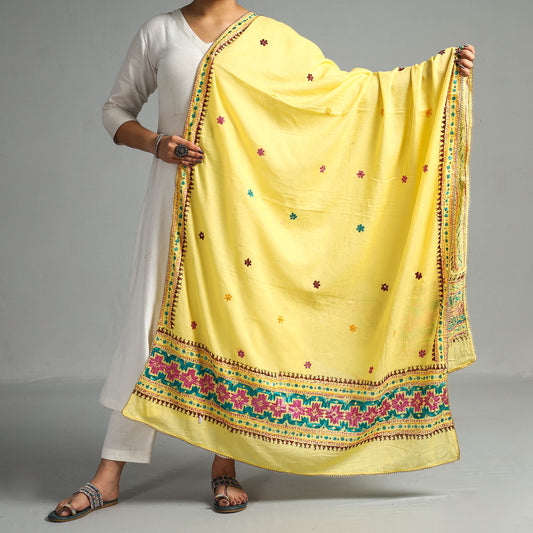 Yellow - Traditional Phulkari Hand Embroidered Cotton Dupatta