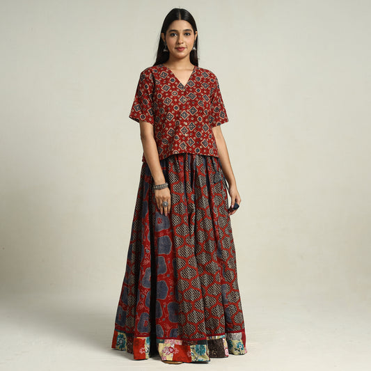 Red - Ajrakh Block Printed 24 Kali Patchwork Cotton Long Skirt 45