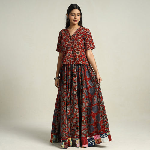 Red - Ajrakh Block Printed 24 Kali Patchwork Cotton Long Skirt 45