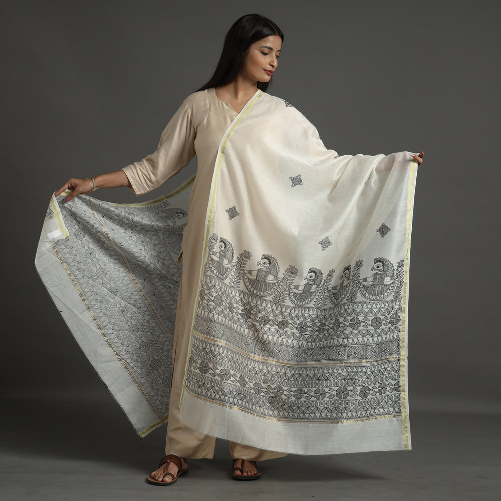 White - Madhubani Handpainted Chanderi Silk Handloom Dupatta 24