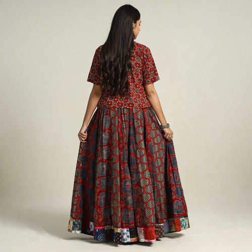 Red - Ajrakh Block Printed 24 Kali Patchwork Cotton Long Skirt 45